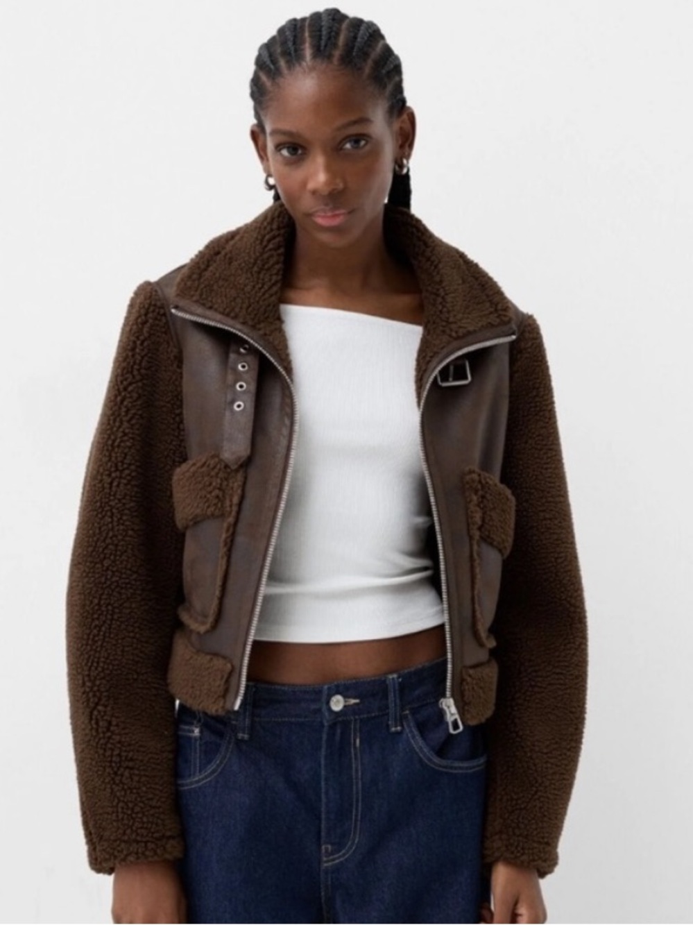 Bershka Brown Cropped Faux Fur Shearling Jacket Teddy Coat